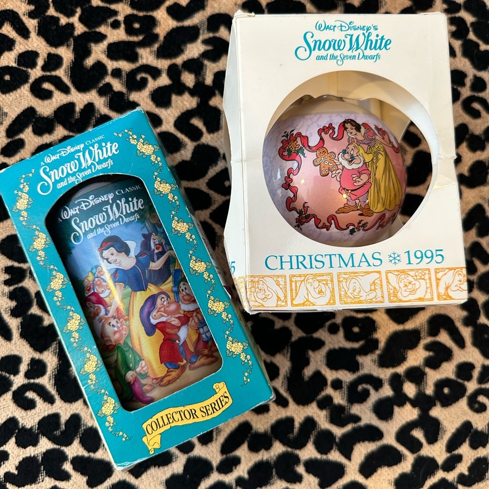 90s vintage Snow White Collectibles Duo: Ornament & Plastic Cup